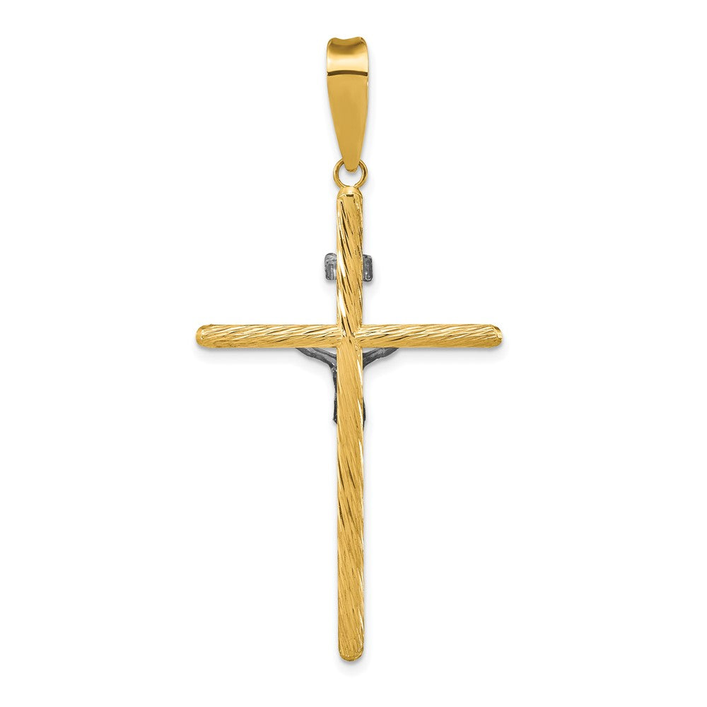 14k Yellow & Rhodium 27.8 mm w/White Rhod Polished & Textured INRI Crucifix Cross Pendant (1.77 grams)