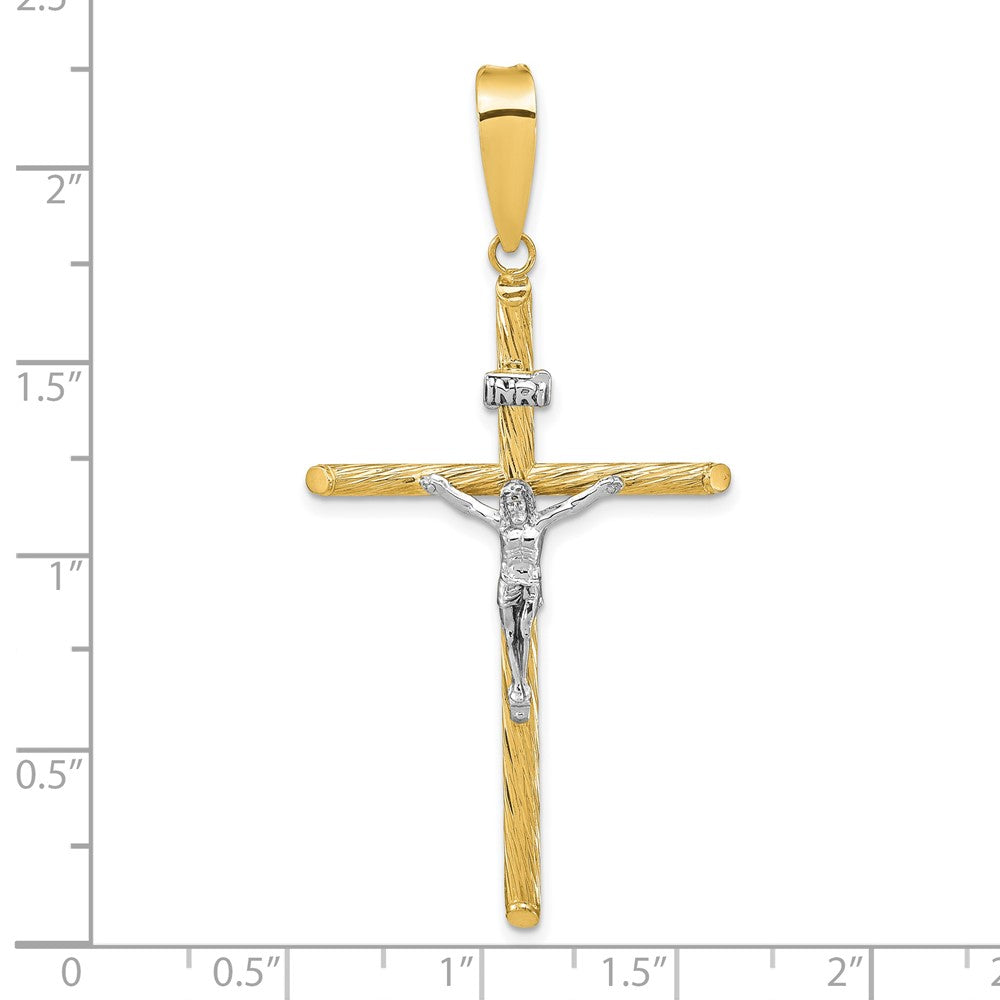 14k Yellow & Rhodium 27.8 mm w/White Rhod Polished & Textured INRI Crucifix Cross Pendant (1.77 grams)