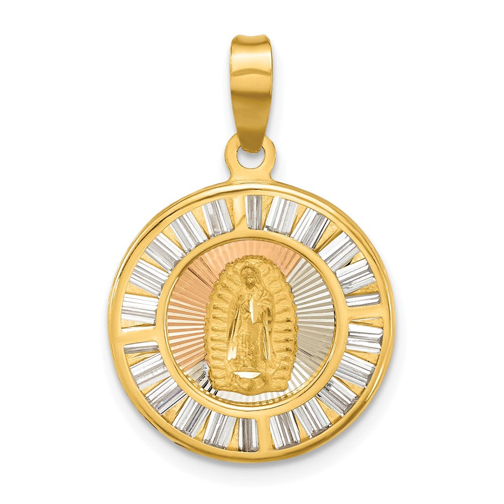 14k Yellow & Rhodium 16.95 mm Rose and White-plated Polished CZ Baguettes Mary Round Pendant (1.28 grams)
