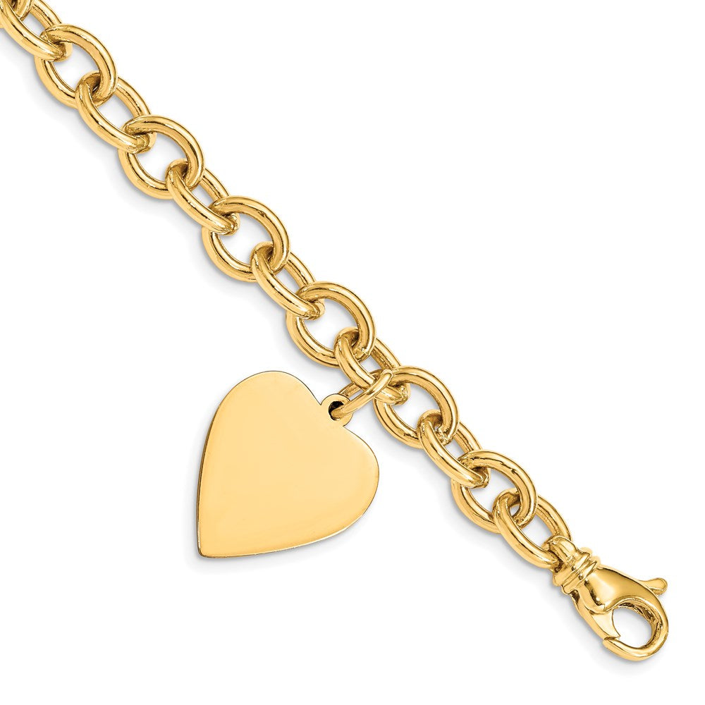 14k Yellow Gold 19 mm in Polished Engraveable Link with Heart Charm Bracelet (24.6 grams)
