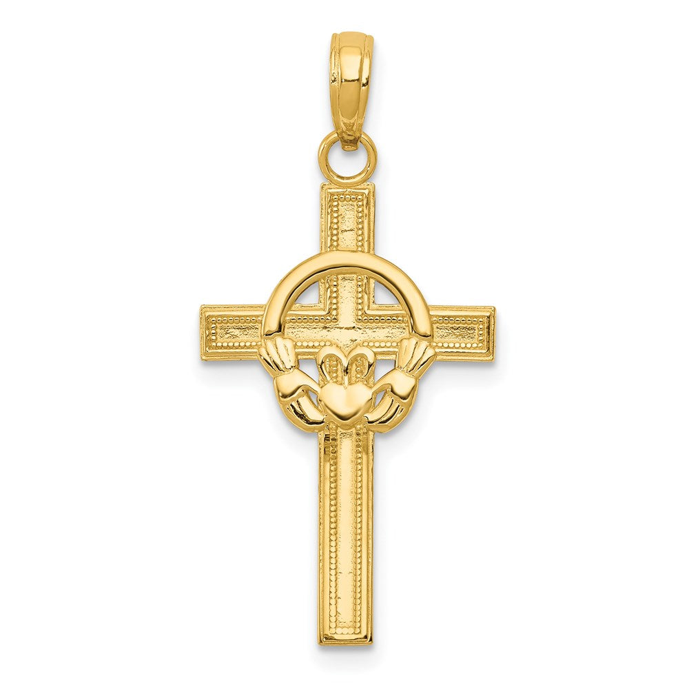 14k Yellow Gold 16 mm Polished Claddagh Cross Pendant (1.16 grams)