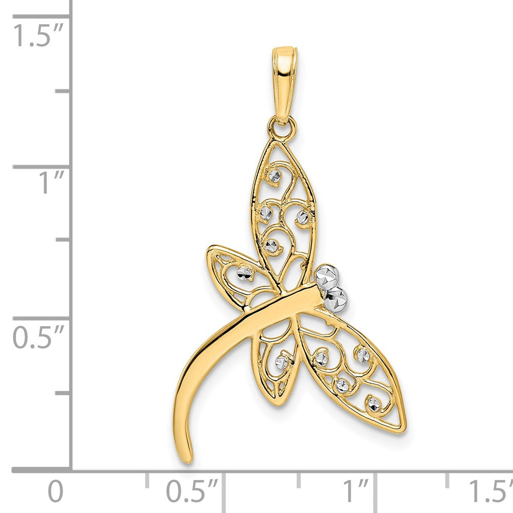 14k Yellow & Rhodium 19.79 mm Diamond-cut Filigree Dragonfly Pendant (1.53 grams)