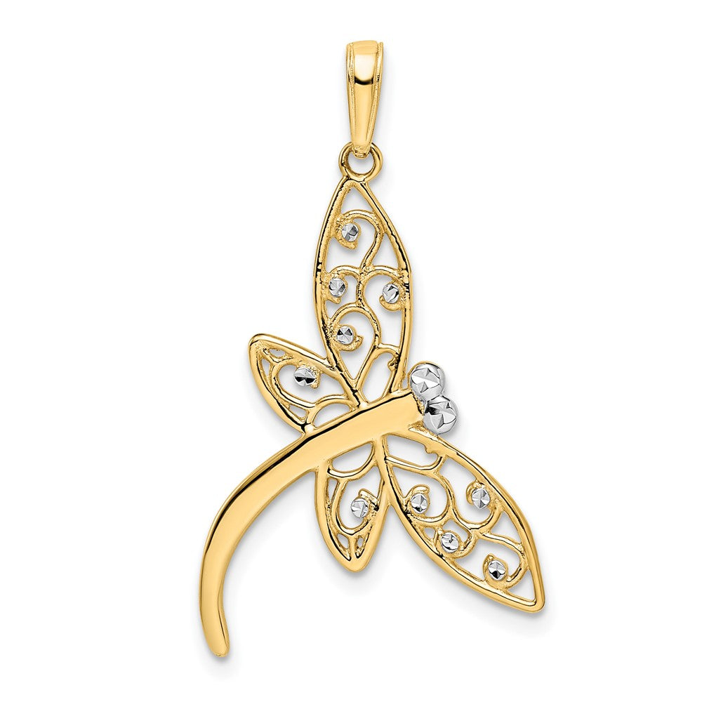 14k Yellow & Rhodium 19.79 mm Diamond-cut Filigree Dragonfly Pendant (1.53 grams)