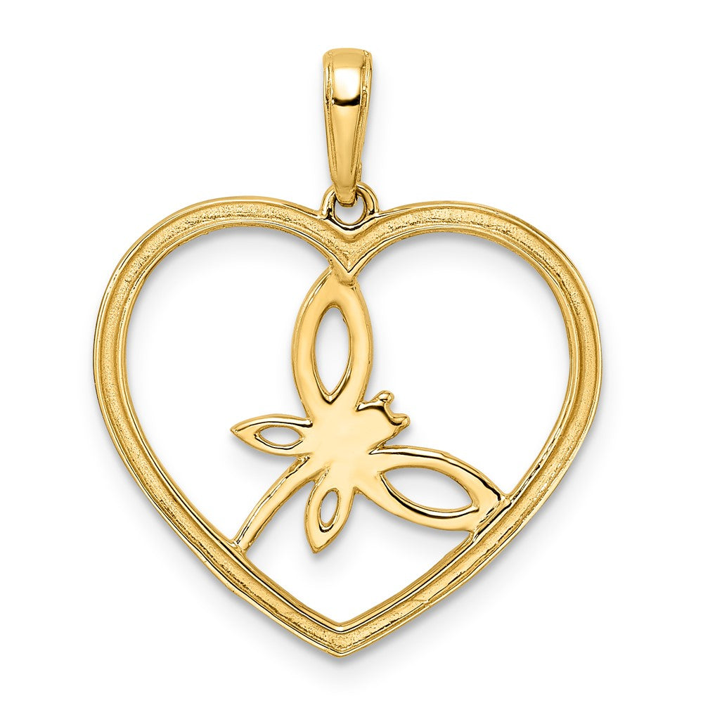 14k Yellow & Rhodium 22.28 mm Diamond-cut Dragonfly in Heart Pendant (1.94 grams)