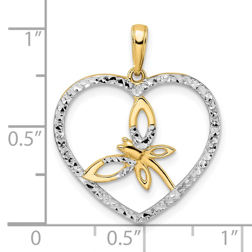 14k Yellow & Rhodium 22.28 mm  Diamond-cut Dragonfly in Heart Pendant