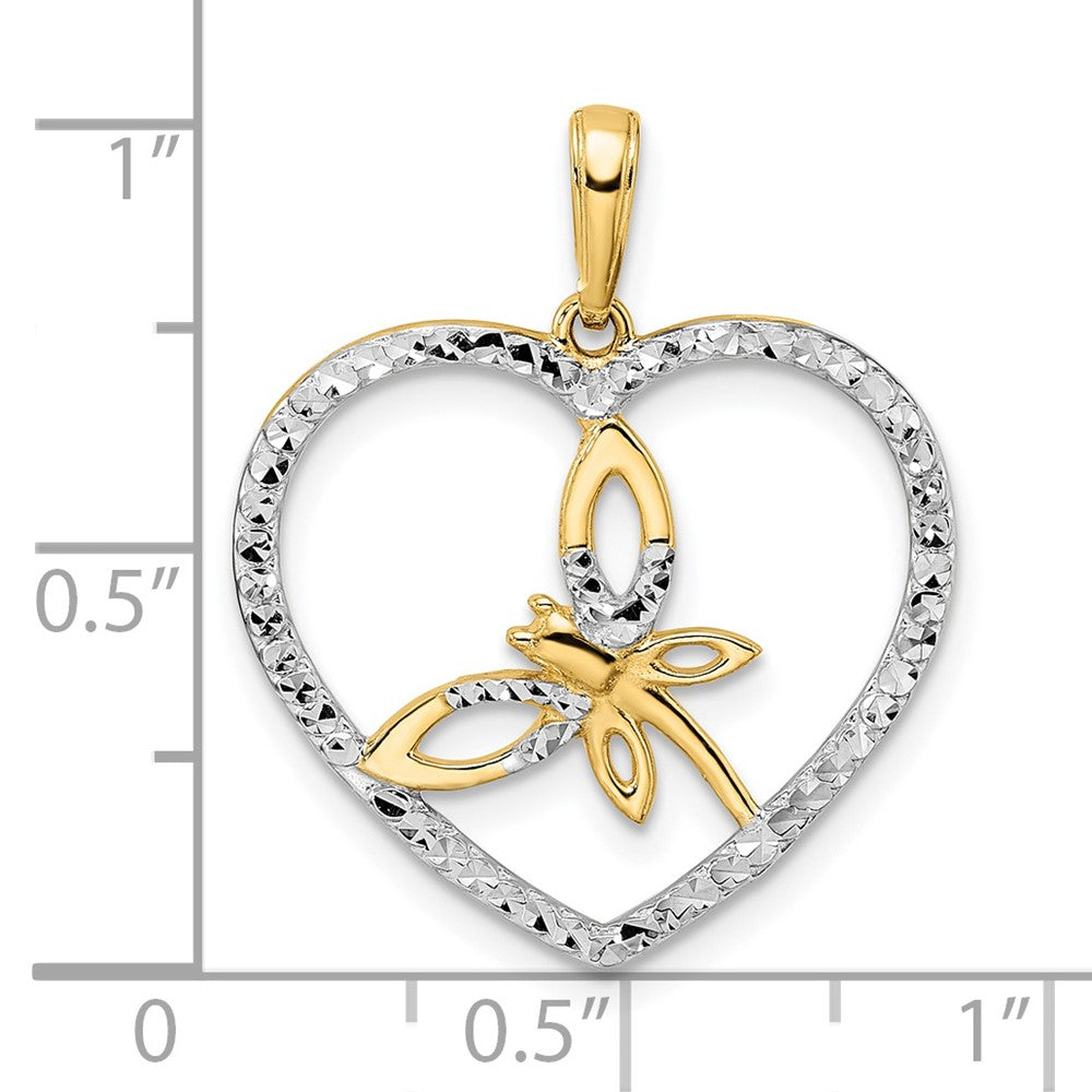 14k Yellow & Rhodium 22.28 mm Diamond-cut Dragonfly in Heart Pendant (1.94 grams)