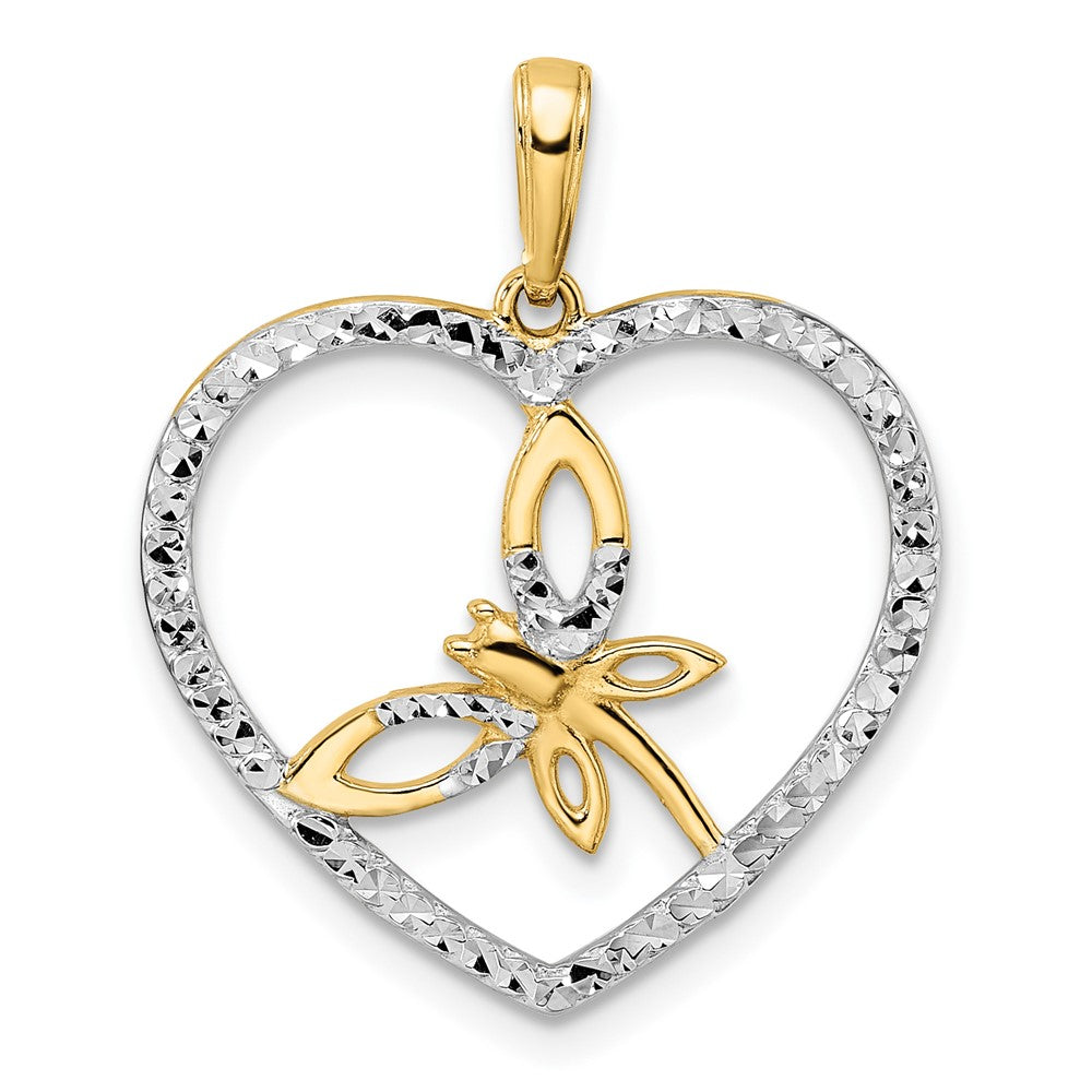 14k Yellow & Rhodium 22.28 mm Diamond-cut Dragonfly in Heart Pendant (1.94 grams)