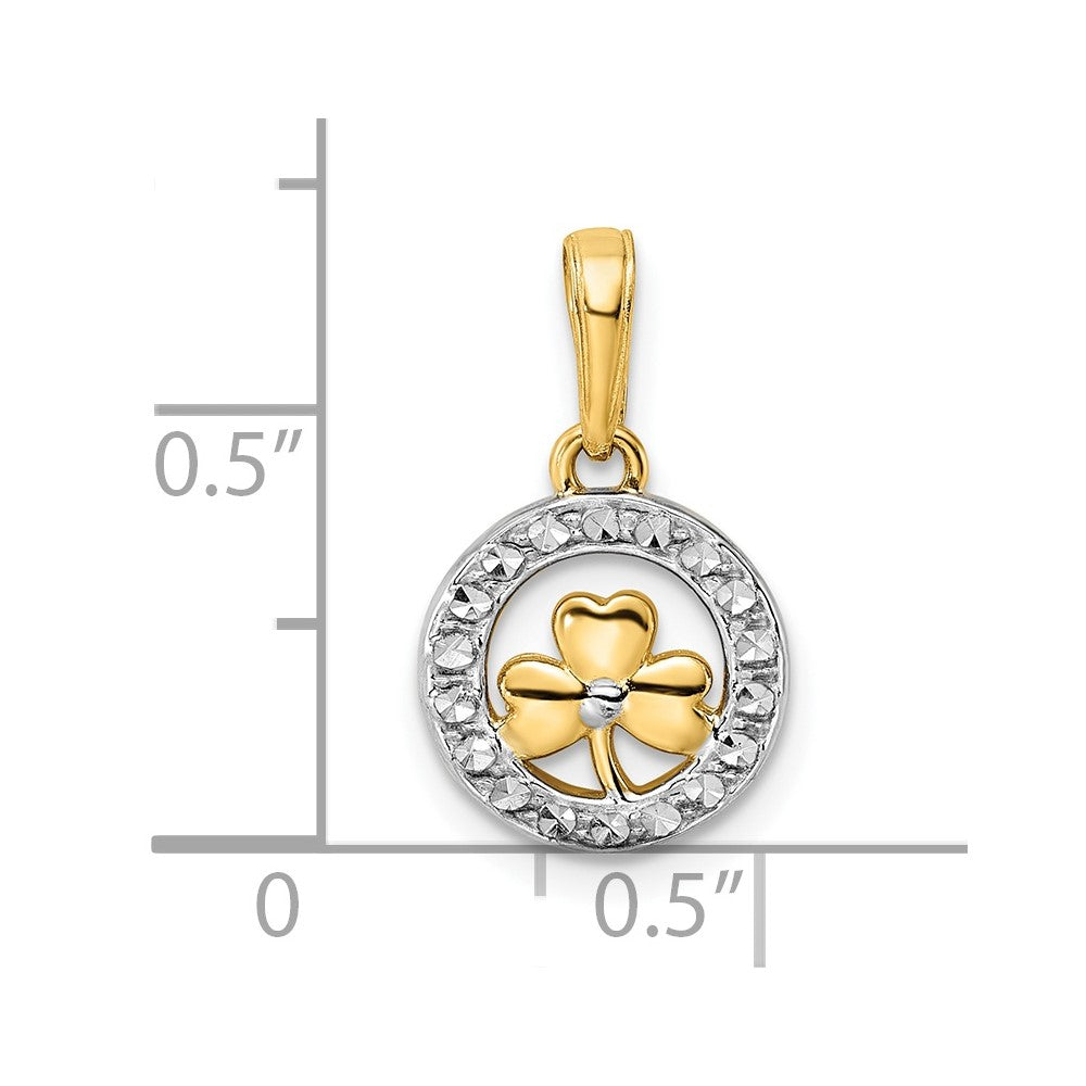 14k Yellow & Rhodium 11.12 mm Diamond-cut Clover in Circle Pendant (1.2 grams)