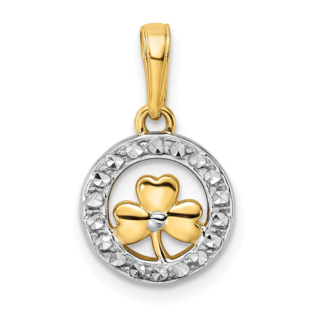 14k Yellow & Rhodium 11.12 mm Diamond-cut Clover in Circle Pendant (1.2 grams)