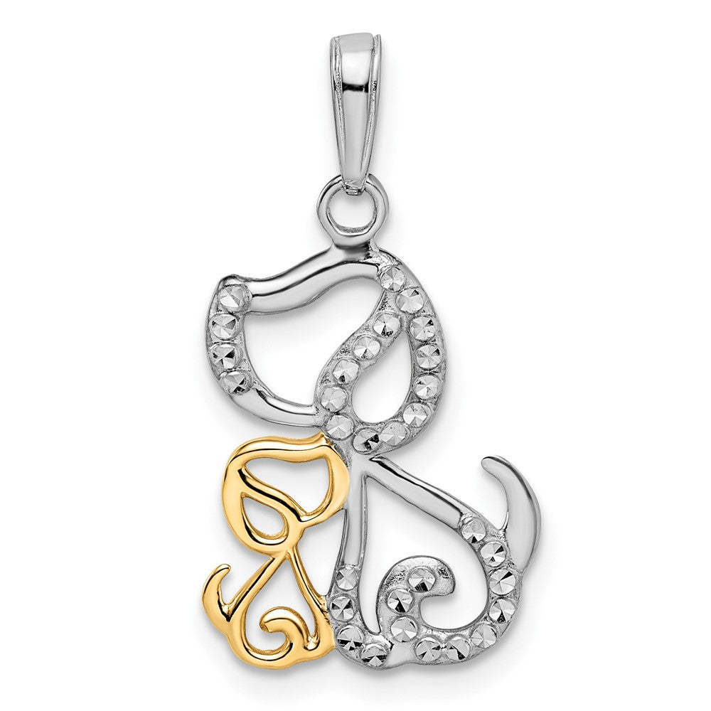14k Yellow & Rhodium 14.5 mm Diamond-cut Dog and Puppy Pendant (1.42 grams)