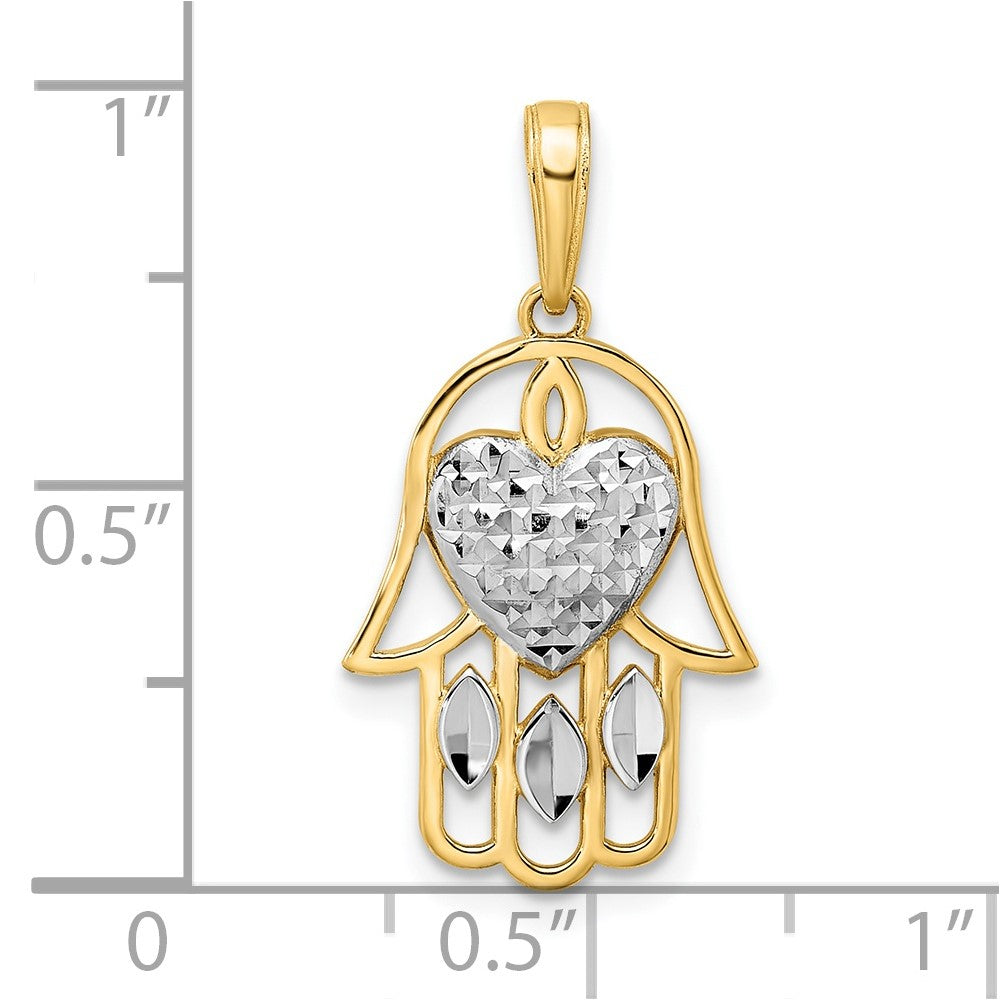 14k Yellow & Rhodium 13.41 mm D/C Heart Hamsa Pendant (1.34 grams)