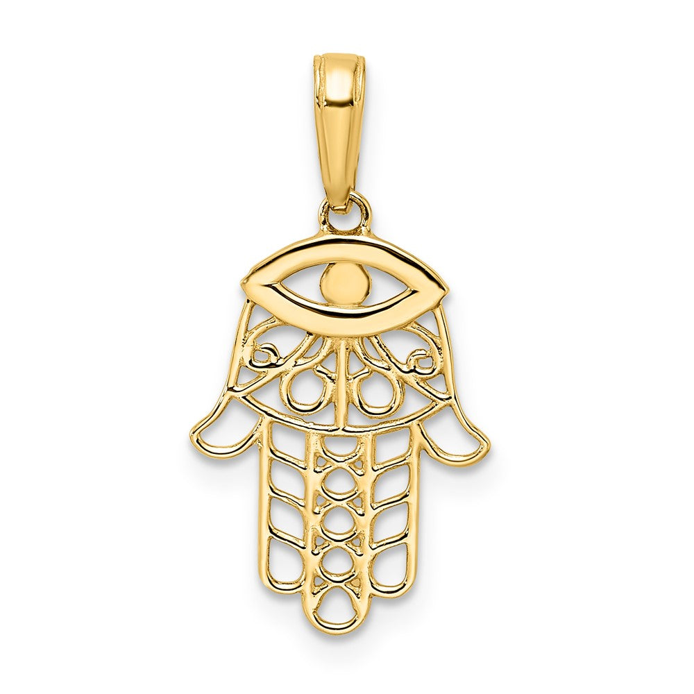 14k Yellow & Rhodium 13.02 mm D/C Evil Eye Hamsa Pendant (0.96 grams)