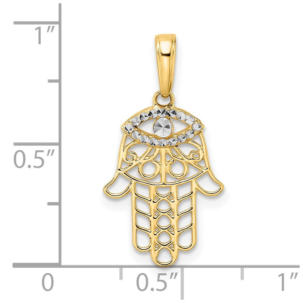 14k Yellow & Rhodium 13.02 mm D/C Evil Eye Hamsa Pendant (0.96 grams)