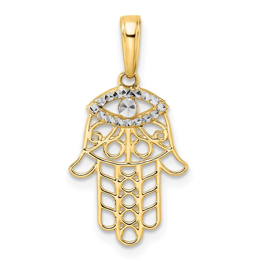 14k Yellow & Rhodium 13.02 mm D/C Evil Eye Hamsa Pendant (0.96 grams)