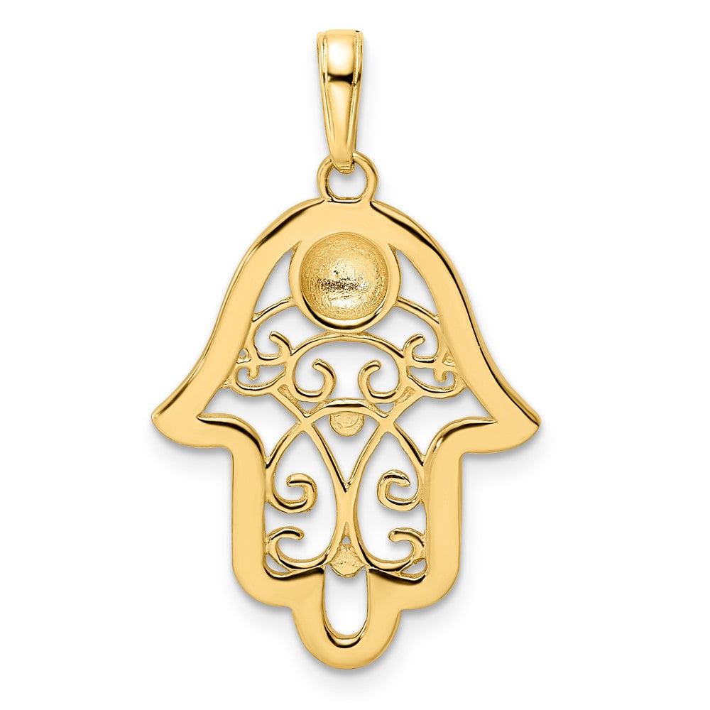 14k Yellow & Rhodium 18.82 mm D/C Evil Eye Filigree Hamsa Pendant (2.23 grams)