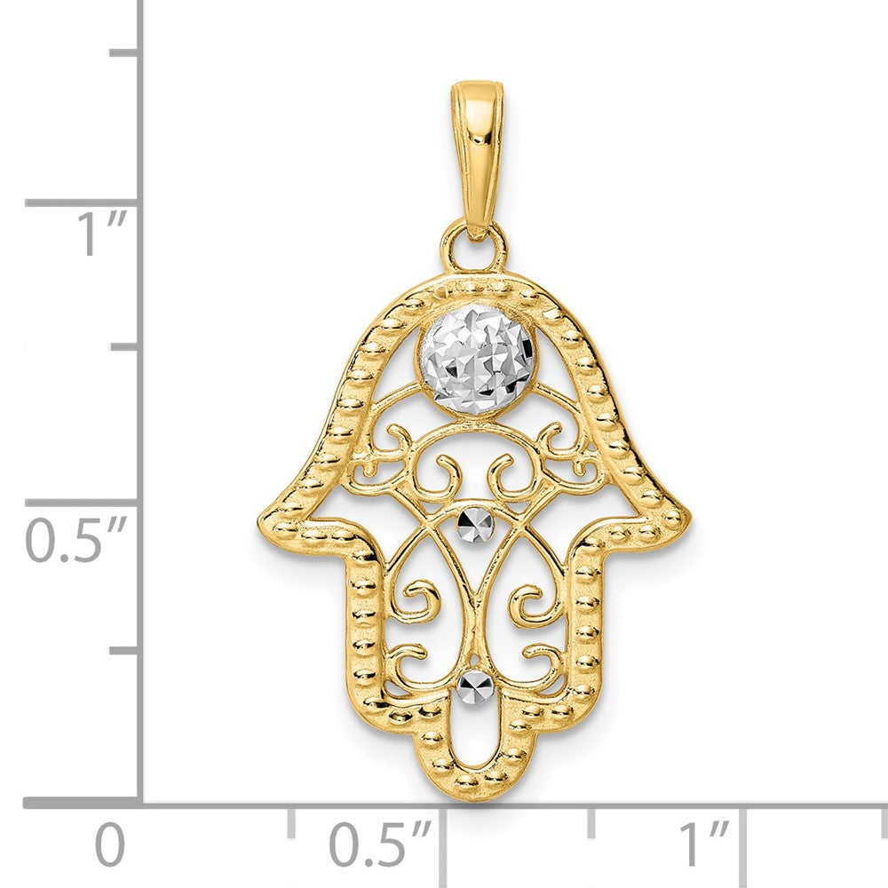 14k Yellow & Rhodium 18.82 mm D/C Evil Eye Filigree Hamsa Pendant (2.23 grams)