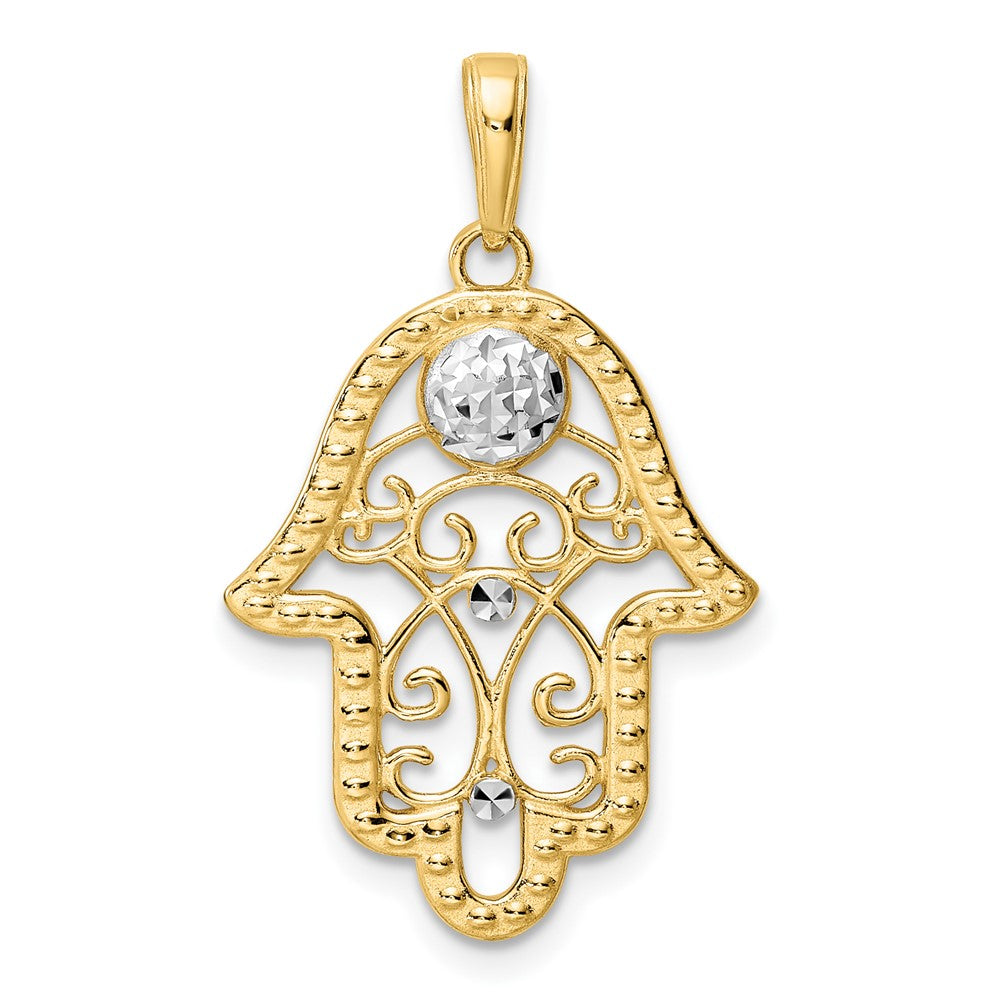 14k Yellow & Rhodium 18.82 mm D/C Evil Eye Filigree Hamsa Pendant (2.23 grams)