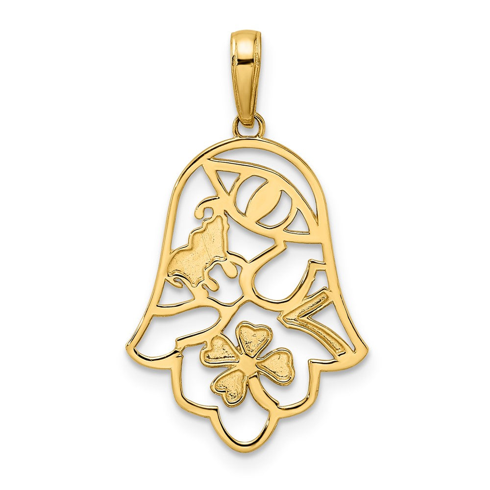 14k Yellow & Rhodium 16.5 mm D/C Good Luck Symbols on Hamsa Pendant (1.32 grams)