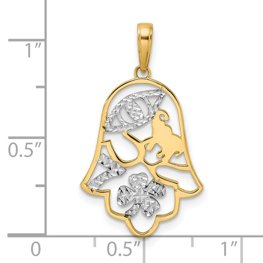 14k Yellow & Rhodium 16.5 mm D/C Good Luck Symbols on Hamsa Pendant (1.32 grams)