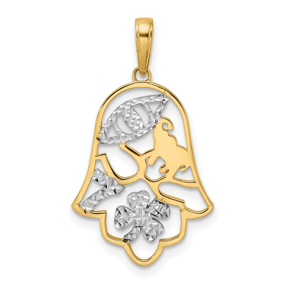 14k Yellow & Rhodium 16.5 mm D/C Good Luck Symbols on Hamsa Pendant (1.32 grams)