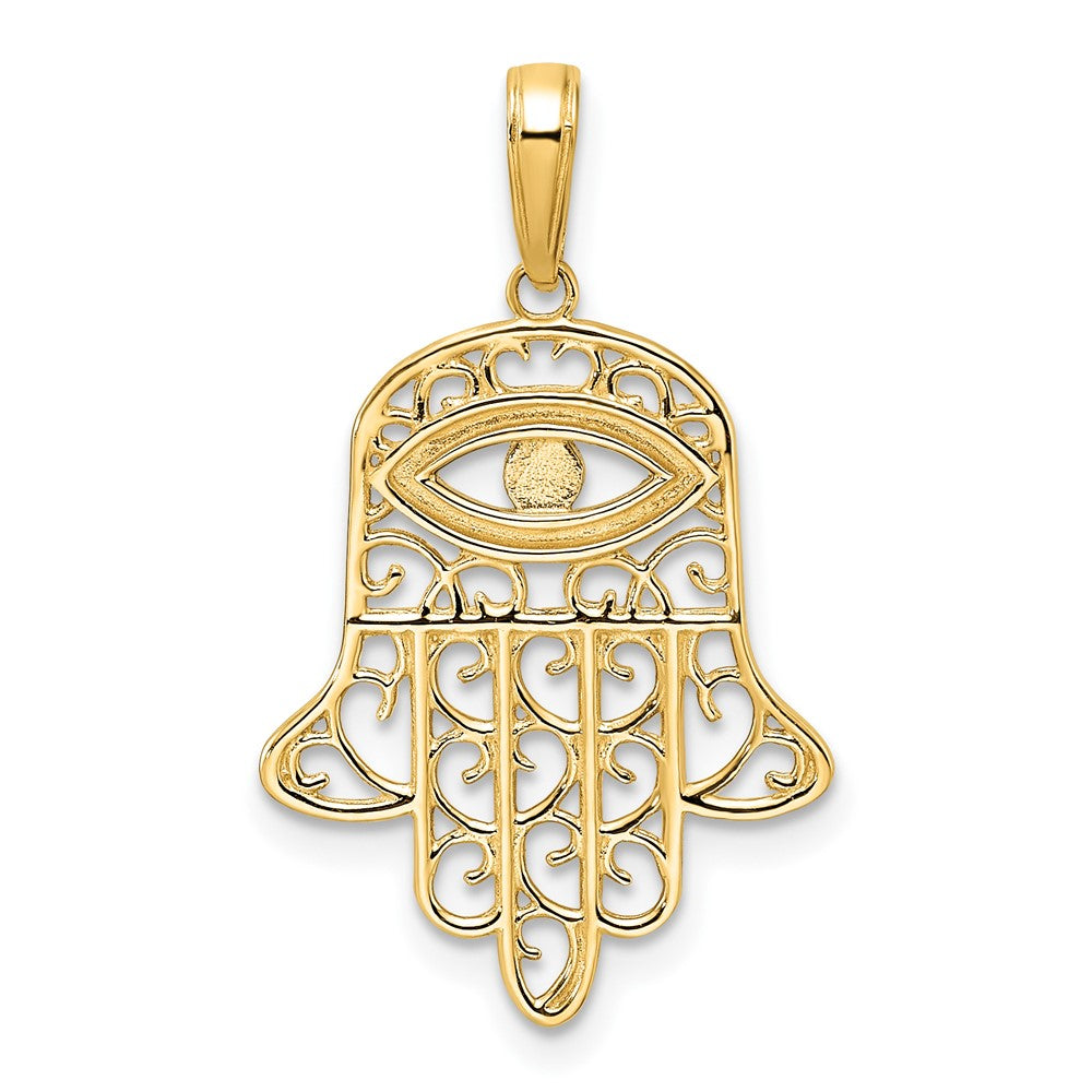 14k Yellow & Rhodium 17.57 mm D/C Filigree Evil Eye Hamsa Pendant (1.4 grams)