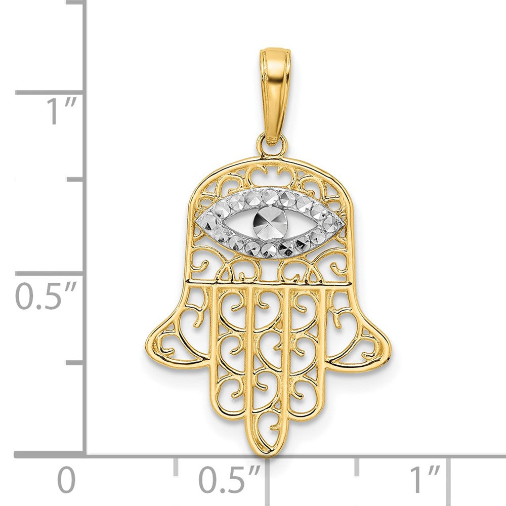 14k Yellow & Rhodium 17.57 mm D/C Filigree Evil Eye Hamsa Pendant (1.4 grams)