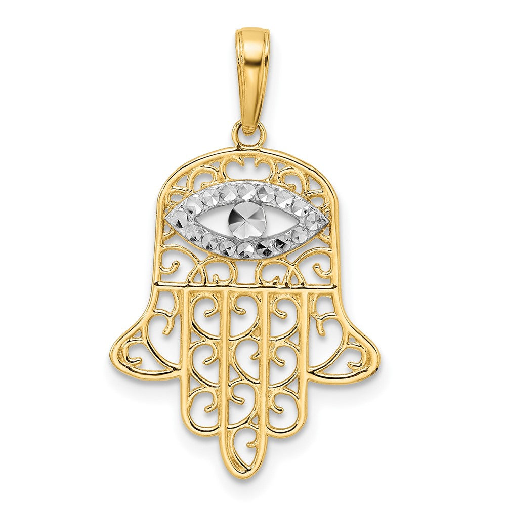 14k Yellow & Rhodium 17.57 mm D/C Filigree Evil Eye Hamsa Pendant (1.4 grams)
