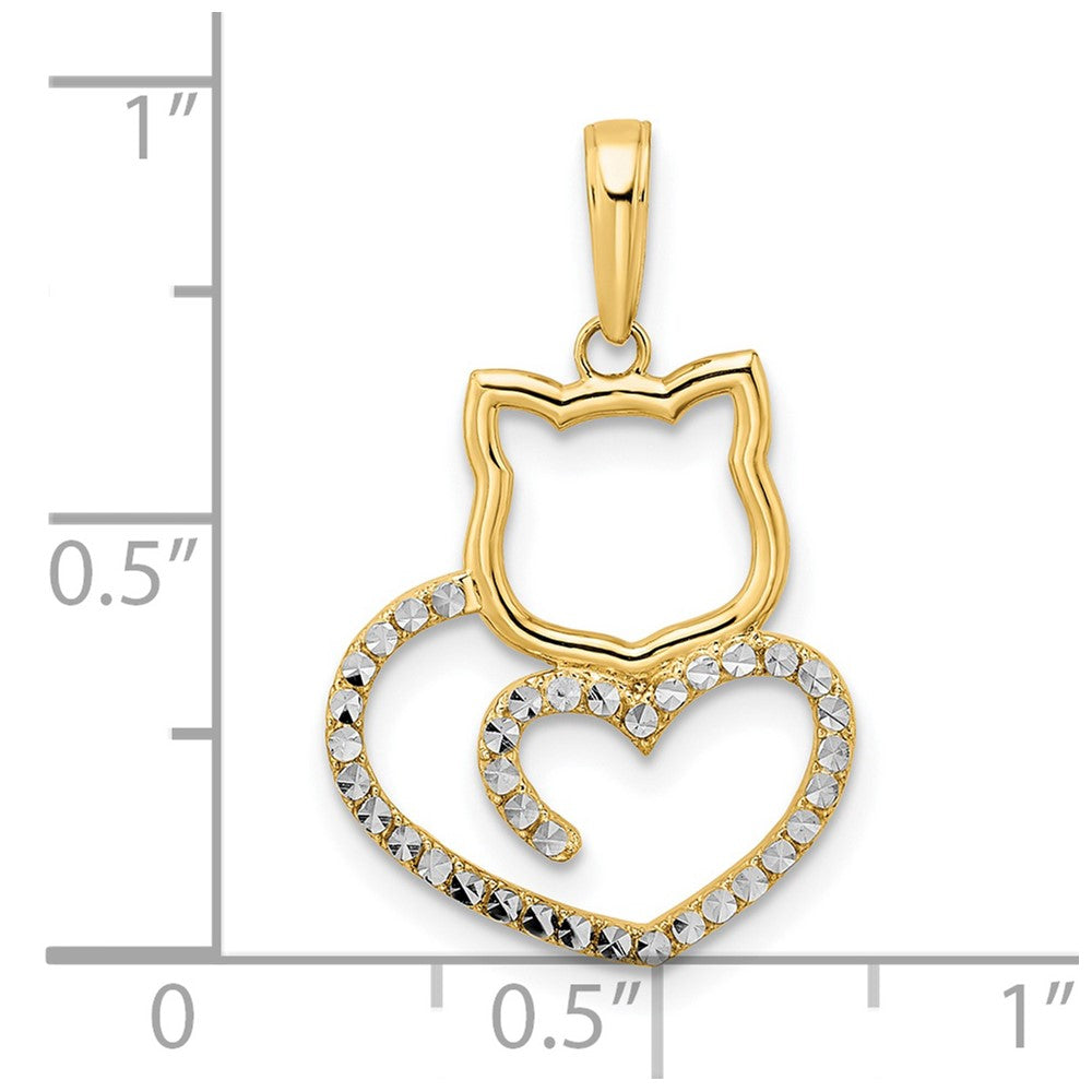 14k Yellow & Rhodium 16 mm Diamond-cut Cat Heart Pendant (1.33 grams)