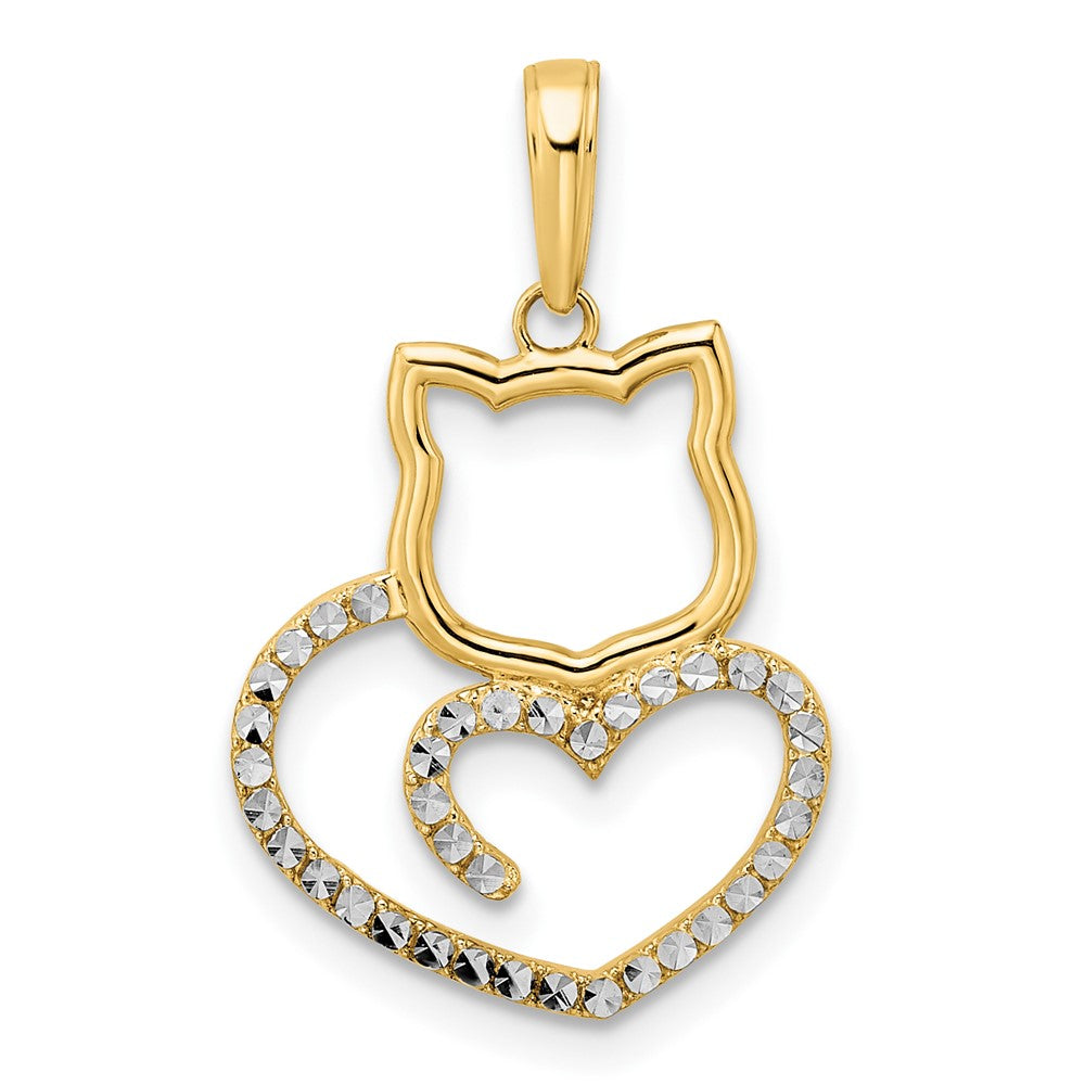 14k Yellow & Rhodium 16 mm Diamond-cut Cat Heart Pendant (1.33 grams)