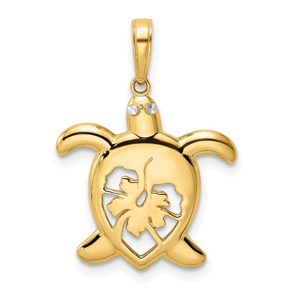 14k Yellow & Rhodium 18 mm Diamond-cut Floral Turtle Pendant (1.65 grams)