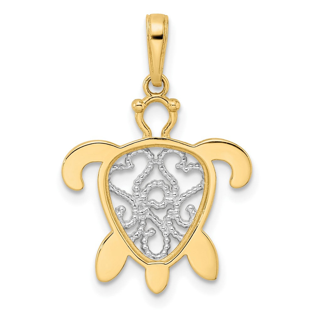 14k Yellow & Rhodium 18 mm Diamond-cut Filigree Turtle Pendant (1.79 grams)