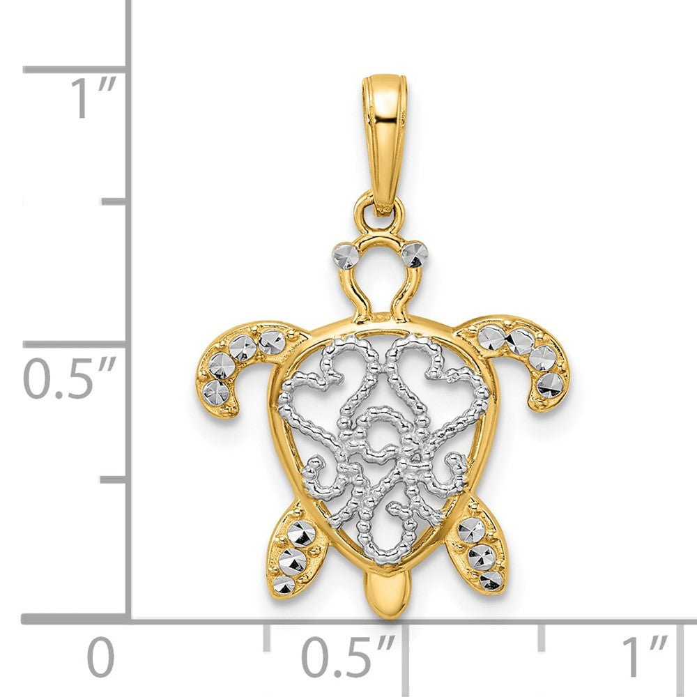 14k Yellow & Rhodium 18 mm Diamond-cut Filigree Turtle Pendant (1.79 grams)