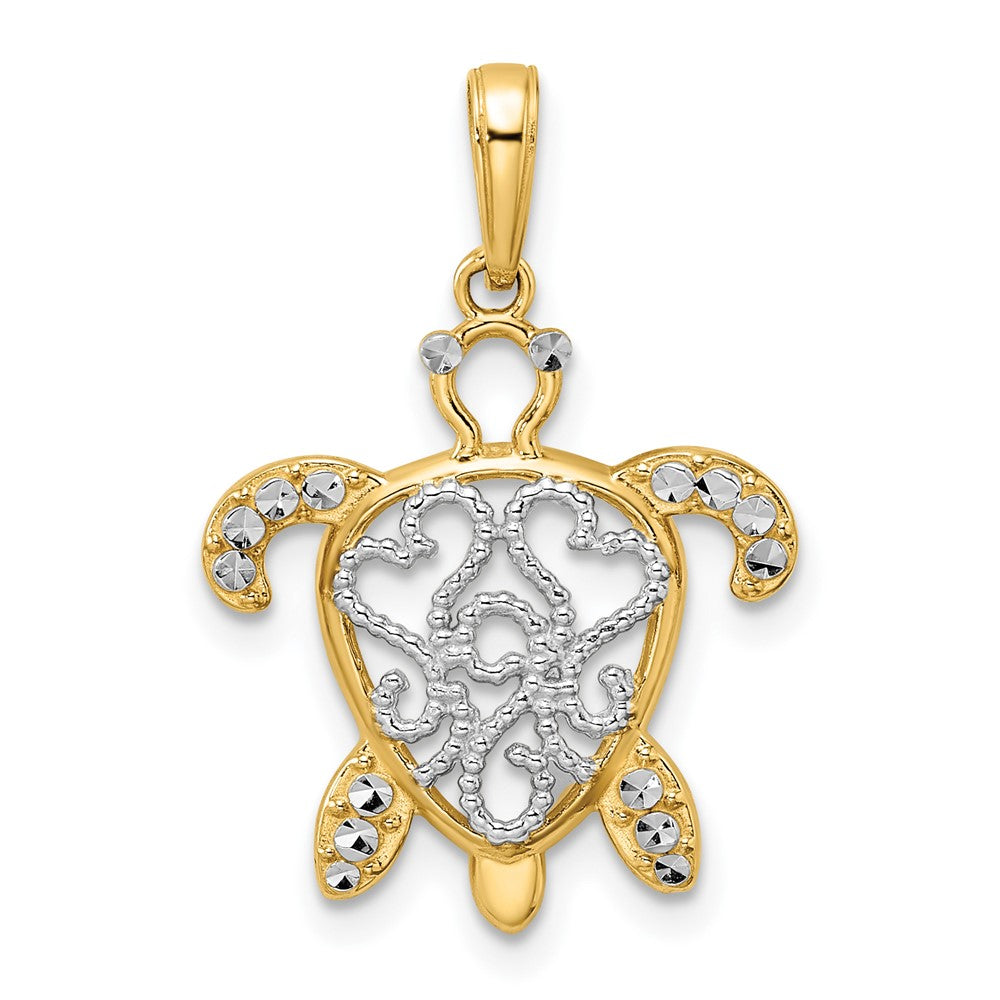 14k Yellow & Rhodium 18 mm Diamond-cut Filigree Turtle Pendant (1.79 grams)