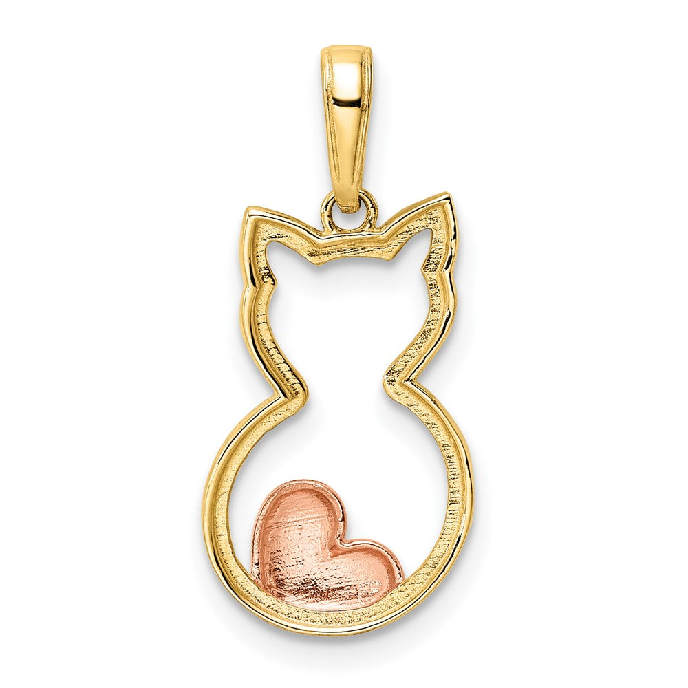 14k Yellow & Rhodium 11 mm Diamond-cut Cat w/ Heart Pendant (1.16 grams)