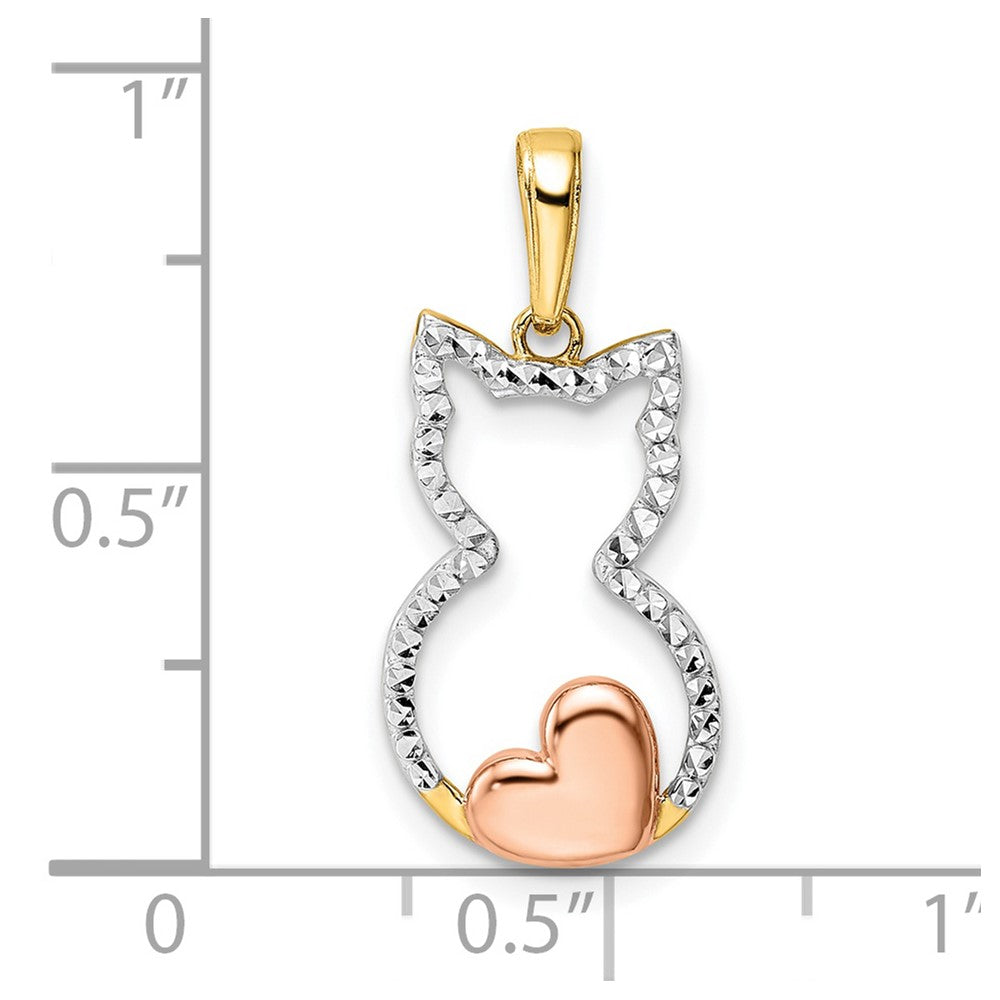 14k Yellow & Rhodium 11 mm  Diamond-cut Cat w/ Heart Pendant