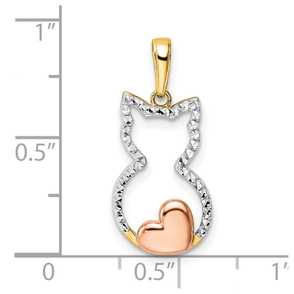 14k Yellow & Rhodium 11 mm Diamond-cut Cat w/ Heart Pendant (1.16 grams)