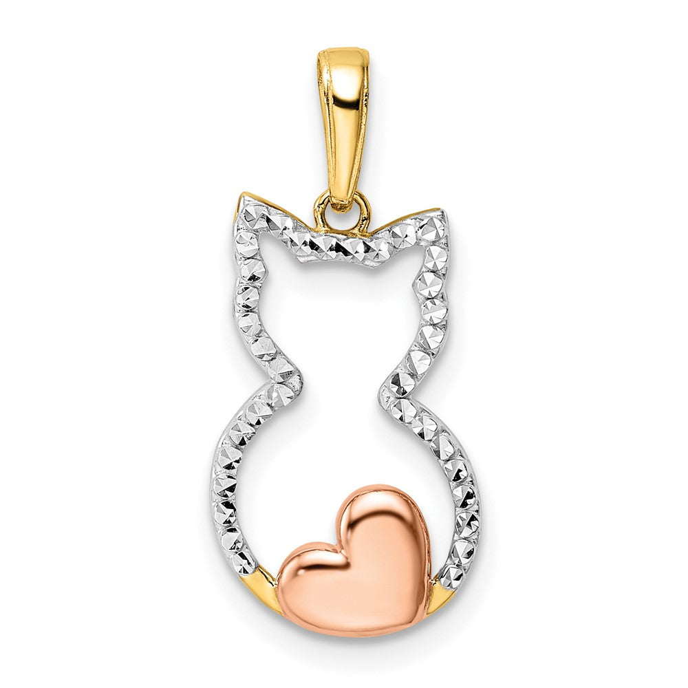 14k Yellow & Rhodium 11 mm Diamond-cut Cat w/ Heart Pendant (1.16 grams)