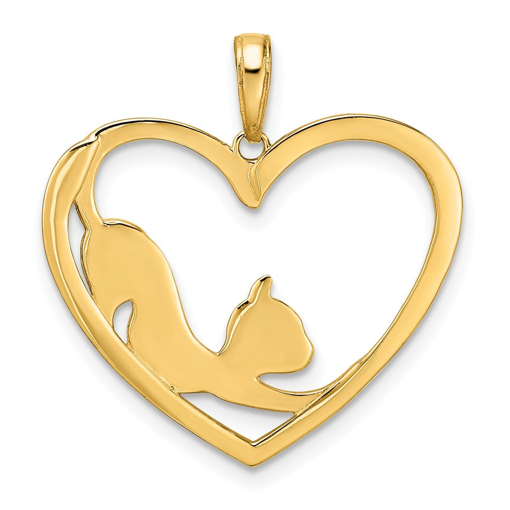 14k Yellow & Rhodium 25 mm Diamond-cut Cat Stretching in Heart Pendant (2.42 grams)