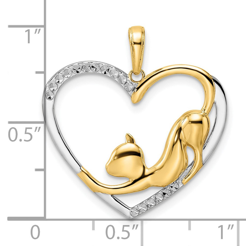 14k Yellow & Rhodium 25 mm Diamond-cut Cat Stretching in Heart Pendant (2.42 grams)