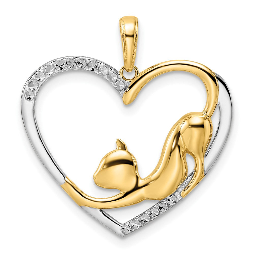 14k Yellow & Rhodium 25 mm Diamond-cut Cat Stretching in Heart Pendant (2.42 grams)