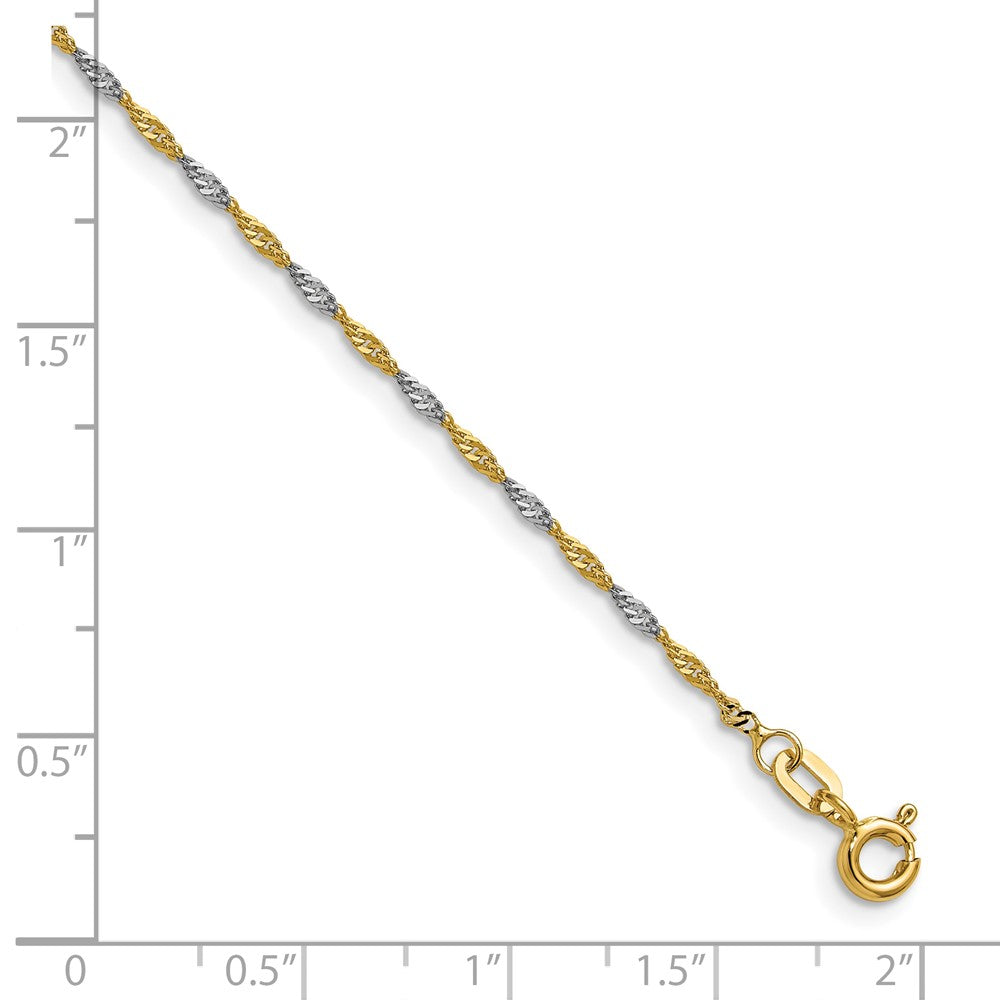 14k Yellow Gold with Rhodium 1.4mm Singapore Chain Bracelet (0.74 grams)