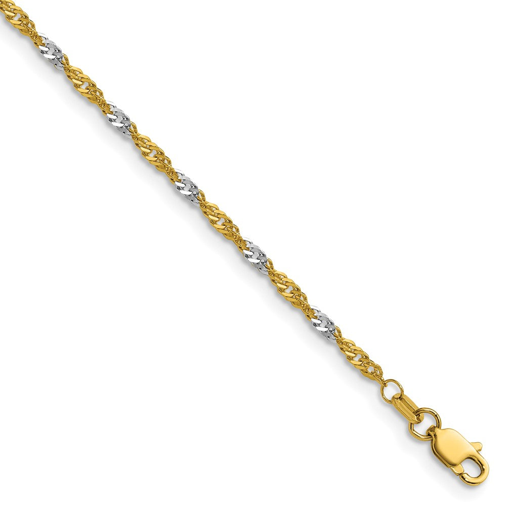 14k Yellow Gold with Rhodium 1.9mm Singapore Chain Bracelet (1.48 grams)
