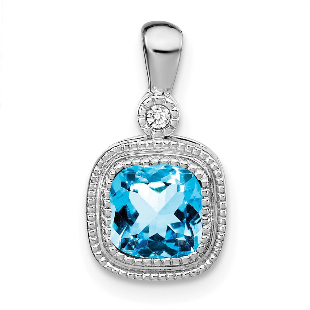 14k White Gold Cushion Blue Topaz and Diamond Pendant (1.3 grams)