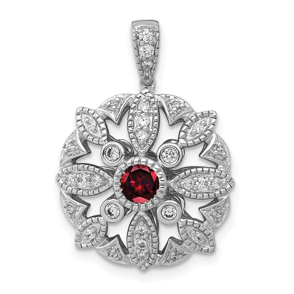 14k White Gold Diamond and .25 Garnet Fancy Pendant (3.9 grams)