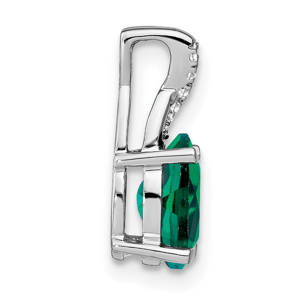 14k White Gold Oval Created Emerald and Diamond Pendant (0.75 grams)