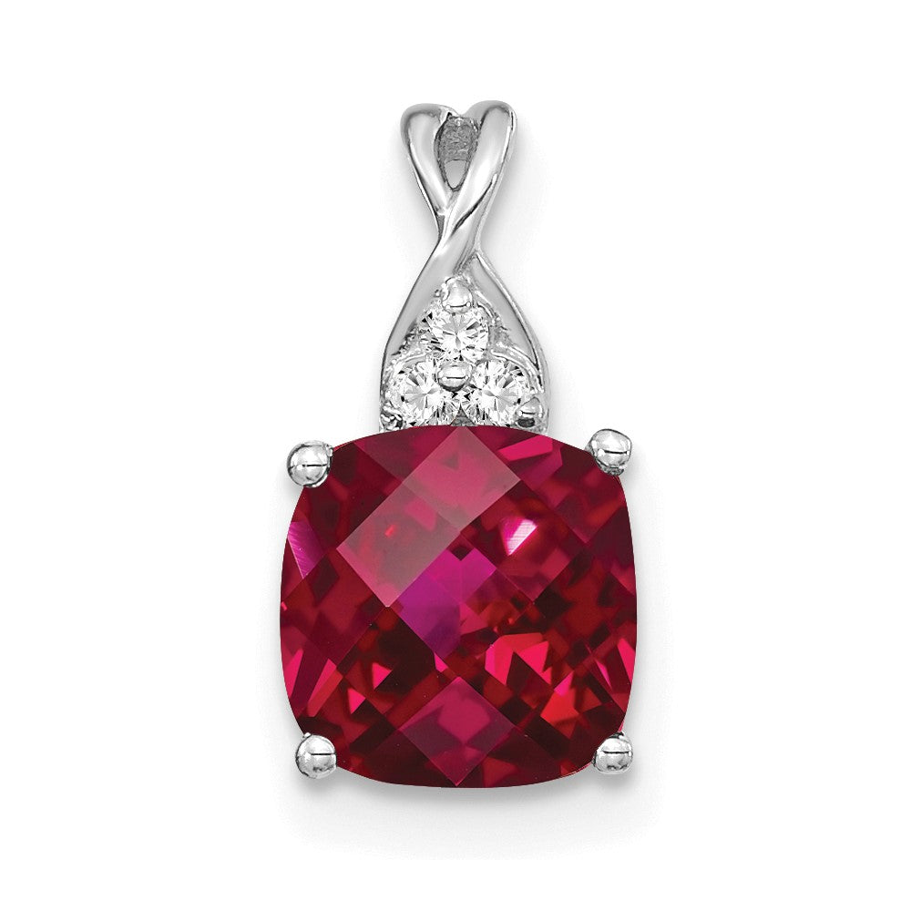 14K White Gold Checkerboard Created Ruby and Diamond Pendant (0.9 grams)