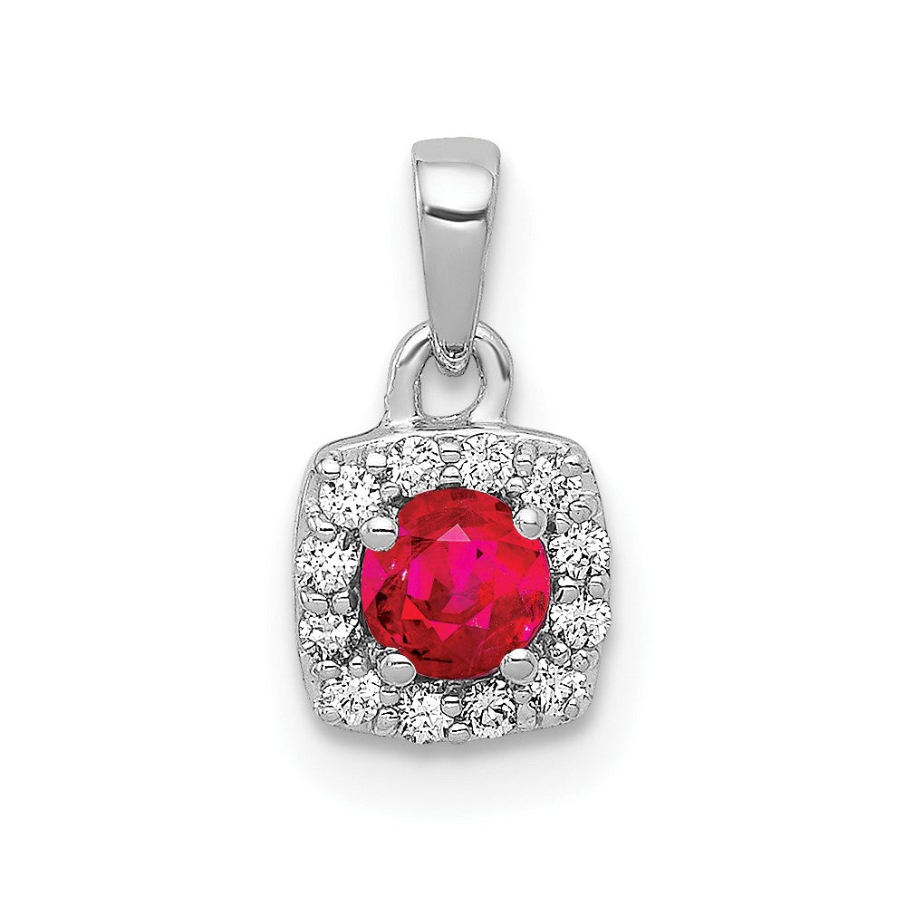 14k White Gold Diamond and .20 Ruby Square Halo Pendant (0.6 grams)