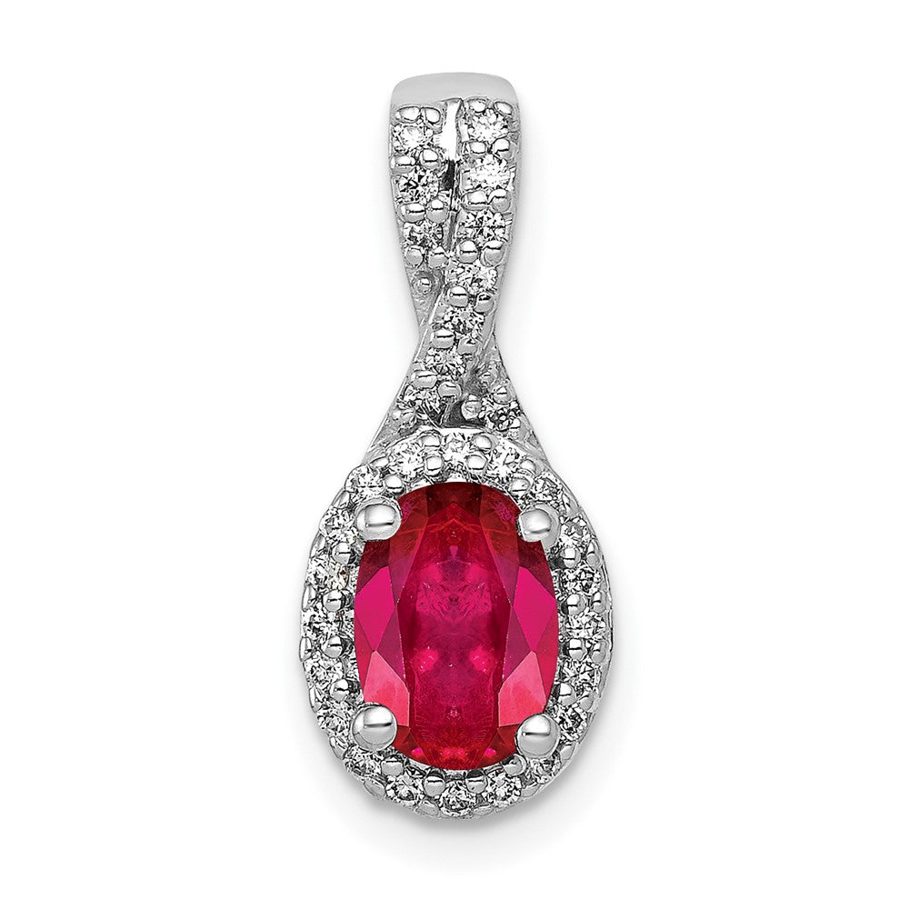 14k White Gold Diamond and Oval Ruby Halo Pendant (1.35 grams)