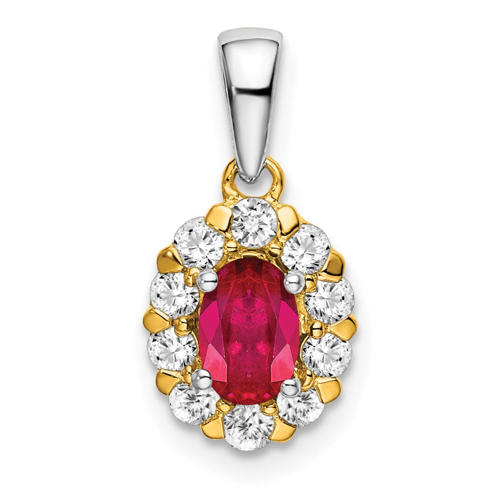 14k Two-tone Oval Ruby and Diamond Halo Pendant (1.05 grams)