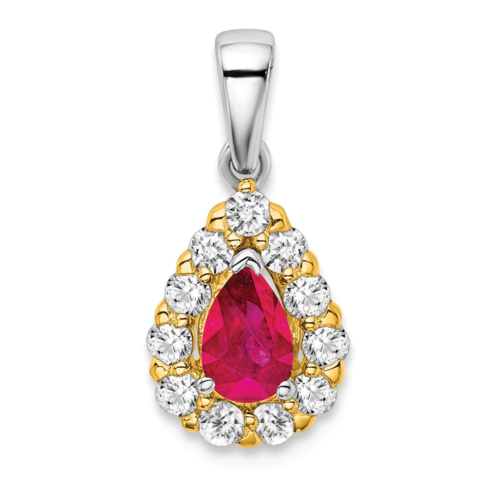 14k Two-tone Pear Ruby and Diamond Halo Pendant (1.25 grams)